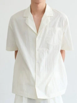 Textured Short Sleeve Button-Up Shirt With Open Collar