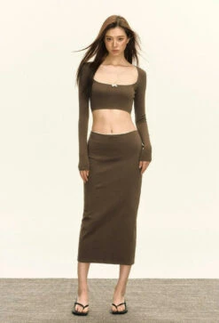 Skinny Bow-Detail Long Sleeve Crop Top And Maxi Skirt Two Piece Set -Modern Wear Shop ea617a29b89d1119b1a032b90a9d5119