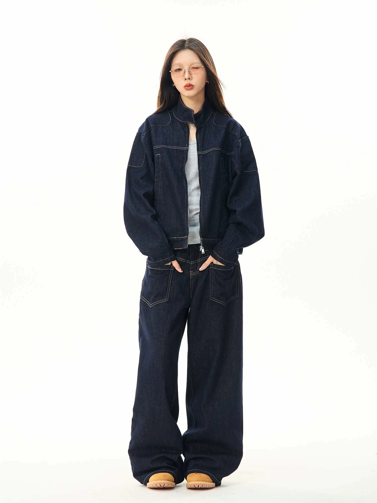 Oversized Contrast Stitch Denim Zip Jacket 15 Oversized Contrast Stitch Denim Zip Jacket - Image 15