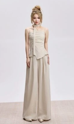 Adjustable Strap Ruched Top With Side Slit And Wide Leg Pleated Pants Two-Piece Set