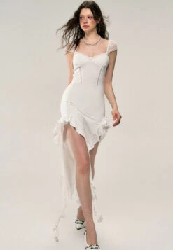 Ruffle Hem Sheer Sleeve Ruched Midi Dress With Flower Accent 16 Ruffle Hem Sheer Sleeve Ruched Midi Dress With Flower Accent -Modern Wear Shop eb125ed670c69addad6763085b61c867