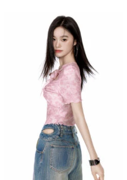 Tie Front Cutout Ribbed Short Sleeve Crop Top -Modern Wear Shop eb1c4e5547fdb954154c4fac3aae96e7