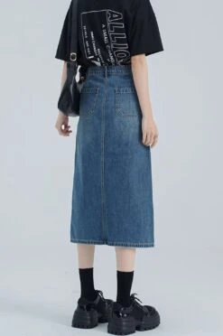 Classic Midi Denim Skirt With Front Slit -Modern Wear Shop eb21b43636d91a1b79de01c898aa3fc2