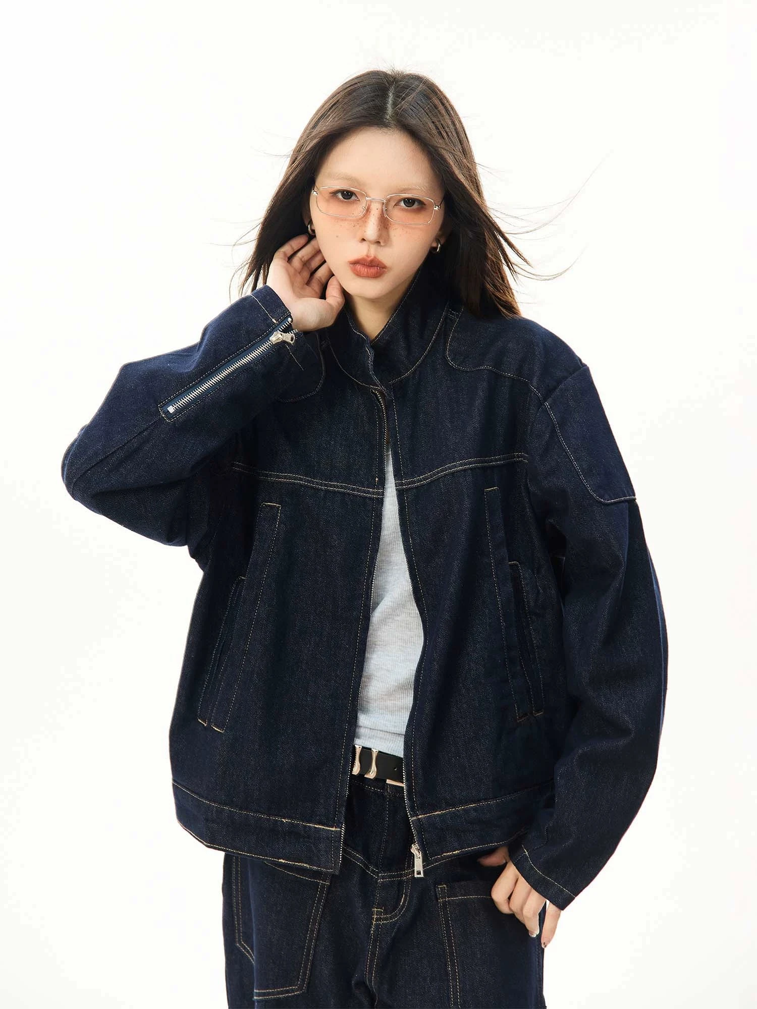 Oversized Contrast Stitch Denim Zip Jacket 5 Oversized Contrast Stitch Denim Zip Jacket - Image 5