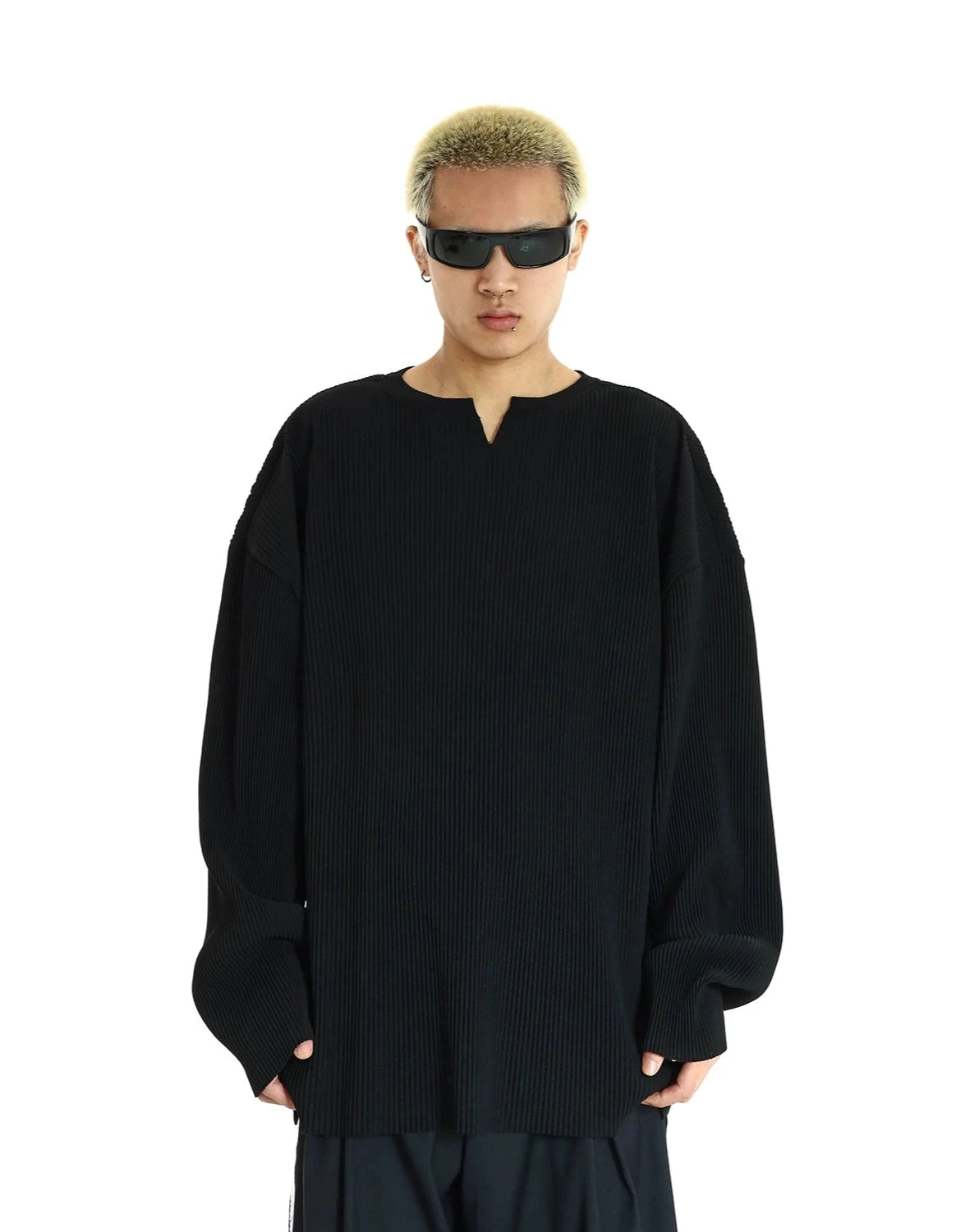 Oversized Ribbed V-Neck Pullover Long Sleeve Tee 1 Oversized Ribbed V-Neck Pullover Long Sleeve Tee