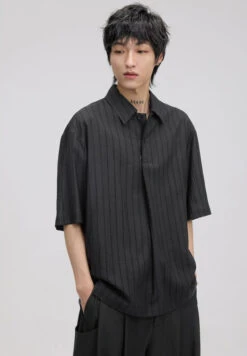 Pinstripe Drop Shoulder Half-Button Collared Shirt -Modern Wear Shop eb868ad33a0dff2b81b72de5f79c3bd8