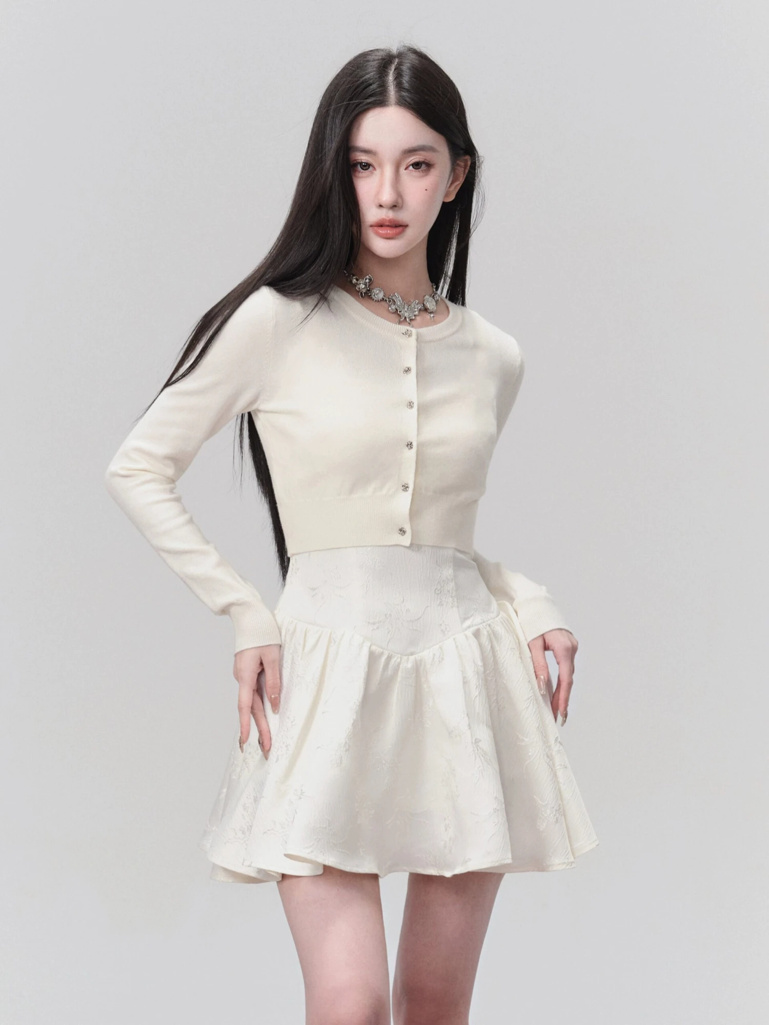 Cropped Knit Cardigan With Flower Buttons 1 Cropped Knit Cardigan With Flower Buttons