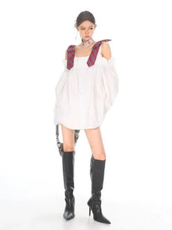 Necktie Strap Ruched Shoulder Stripe Button Top -Modern Wear Shop eb979587ed83eb0b58213a99a9573eba