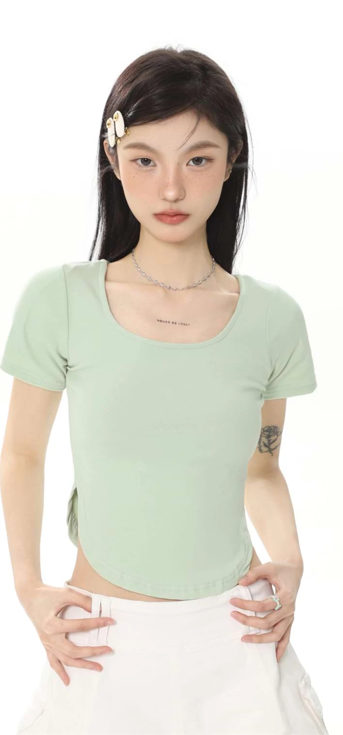 Cropped U-Neck Curve Hem Baby Tee 5 Cropped U-Neck Curve Hem Baby Tee - Image 5