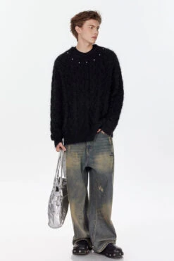 Studded Crew Neck Fuzzy Cable Knit Sweater -Modern Wear Shop ec44e4f7c22a3fd84b6fd924ed151bce
