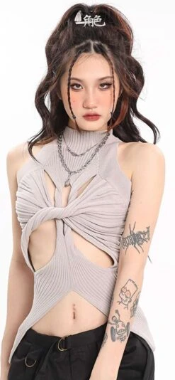 Ribbed Twisted Cutout Split Hem Top -Modern Wear Shop ed3f702bfc4928734ab43abf2592c396