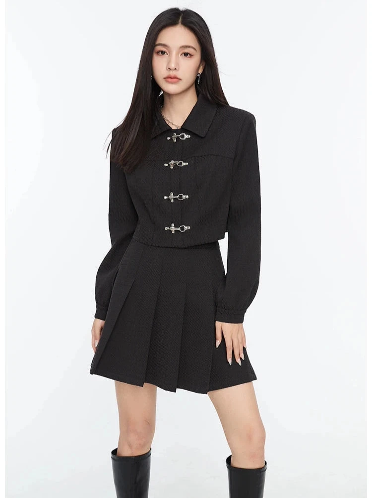 Boxy Collared Crop Jacket With Fireman Buckles And Mini Skirt Two-Piece Set 2 Boxy Collared Crop Jacket With Fireman Buckles And Mini Skirt Two-Piece Set - Image 2