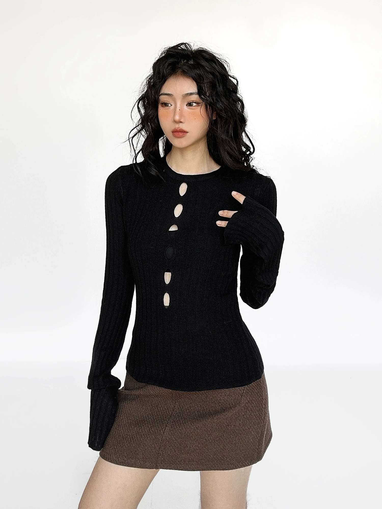 Flare Long Sleeve Ribbed Knit Top With Cutouts 2 Flare Long Sleeve Ribbed Knit Top With Cutouts - Image 2