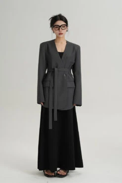 Oversized Boxy Double-Breasted Blazer With Skinny Neck Tie -Modern Wear Shop eee03749b39447bc8dba04fc5a1769a8