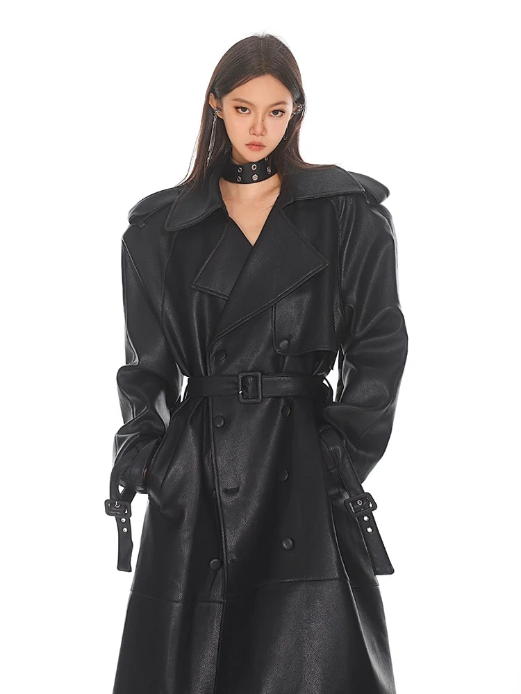 Oversized Belted Faux Leather Coat With Wide Lapels 13 Oversized Belted Faux Leather Coat With Wide Lapels - Image 13