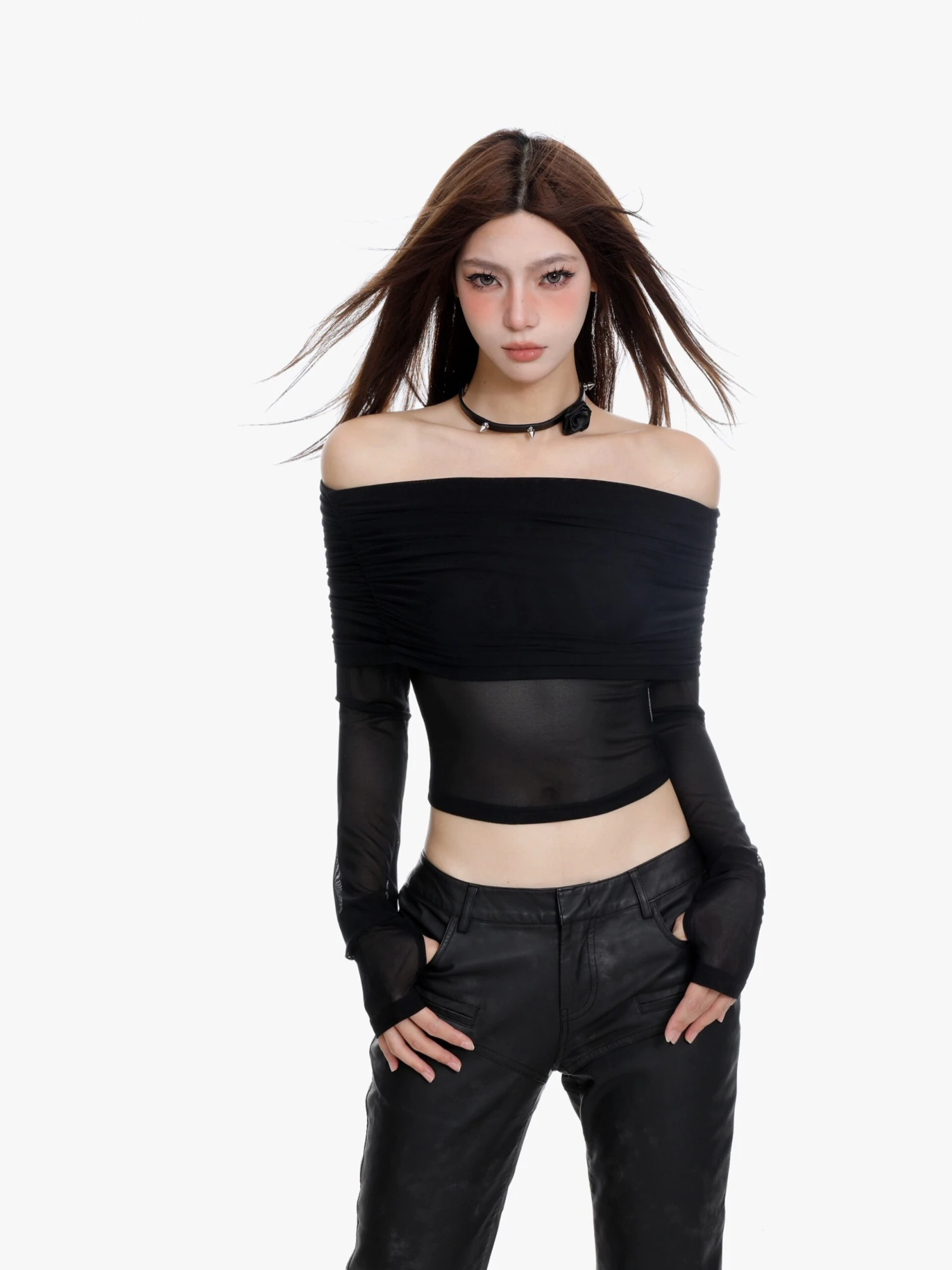 Off-Shoulder Layered Sheer Sleeve Crop Top 1 Off-Shoulder Layered Sheer Sleeve Crop Top