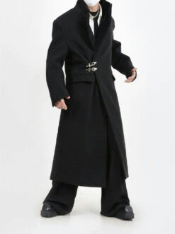 Oversized Velvet-Lapel Long Coat With Metal Buckles -Modern Wear Shop ef3a17aa7046f97e63334546e99be411