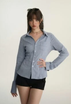 Button-Up Long Sleeve Blouse With Pocket