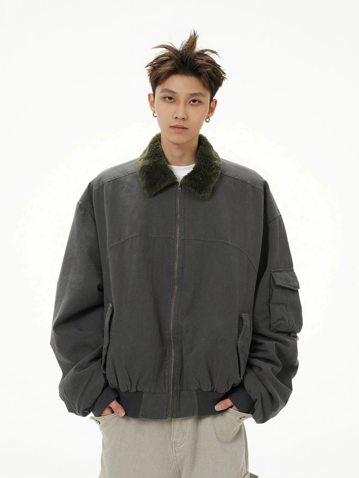 Fleece Lined Collar Zip-Up Bomber Jacket 1 Fleece Lined Collar Zip-Up Bomber Jacket