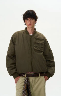 Drop Shoulder Oversized Bomber Jacket With Sleeve Zip Pocket