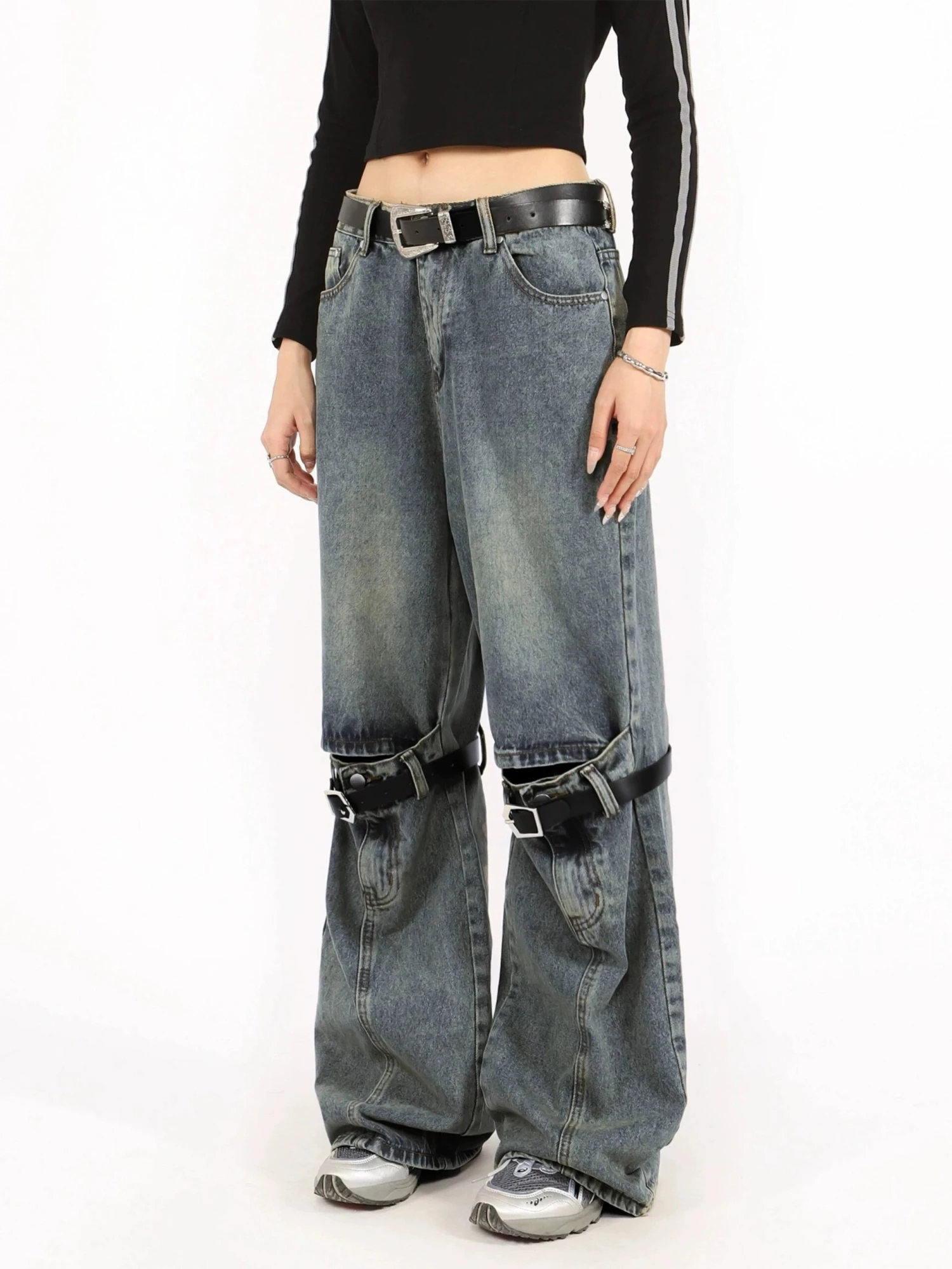 Button Belted Knee-Cutout Straight Faded Jeans 4 Button Belted Knee-Cutout Straight Faded Jeans - Image 4