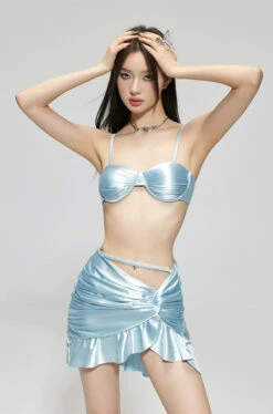 Satin Ruched Bikini Top With Wrap Skirt Set