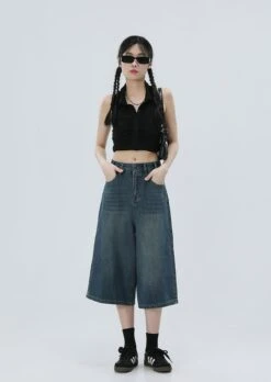 Denim Culotte Capri Shorts With Back Pocket Detail