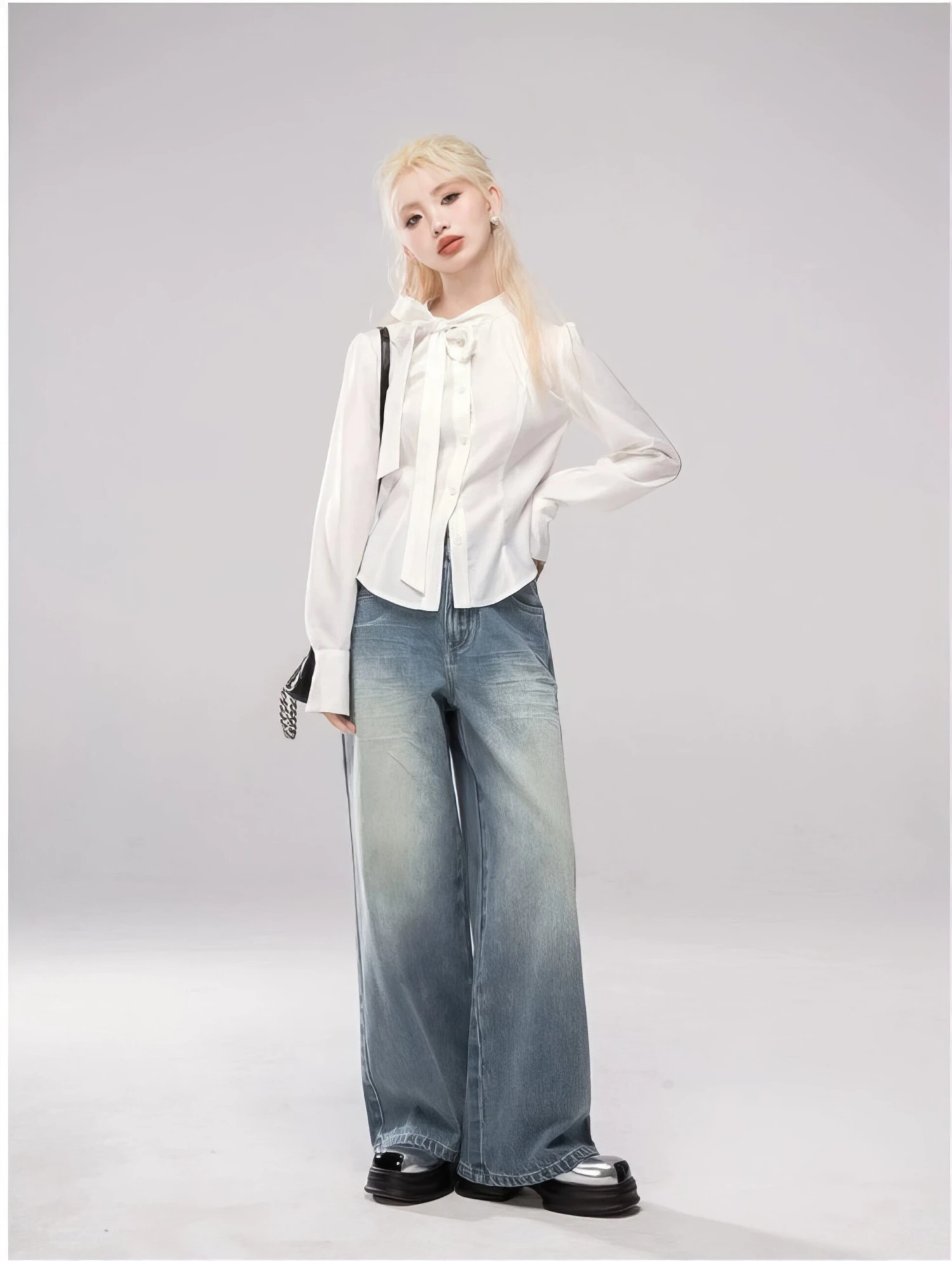 Slim Mid-Crop Shirt Blouse With Tie-Neck 7 Slim Mid-Crop Shirt Blouse With Tie-Neck - Image 7