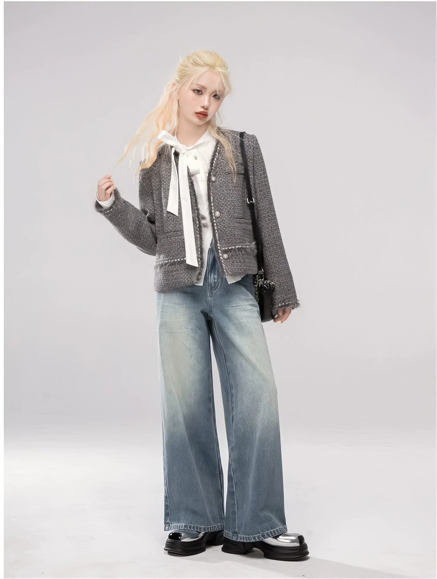 Slim Mid-Crop Shirt Blouse With Tie-Neck 9 Slim Mid-Crop Shirt Blouse With Tie-Neck - Image 9