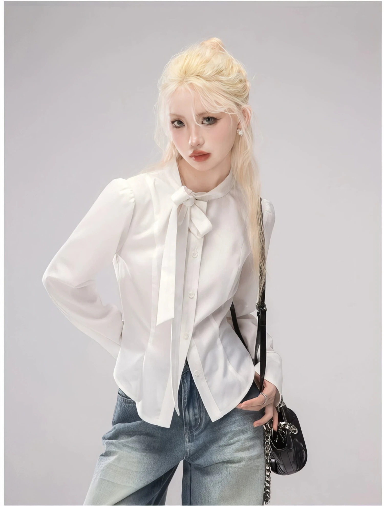 Slim Mid-Crop Shirt Blouse With Tie-Neck 1 Slim Mid-Crop Shirt Blouse With Tie-Neck