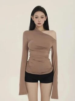 Slim One-Shoulder Ruched Long Sleeve Top -Modern Wear Shop enhanced 1eb9e5df 73f0 4400 a6e2 43e206f687e2 topaz enhance 4x