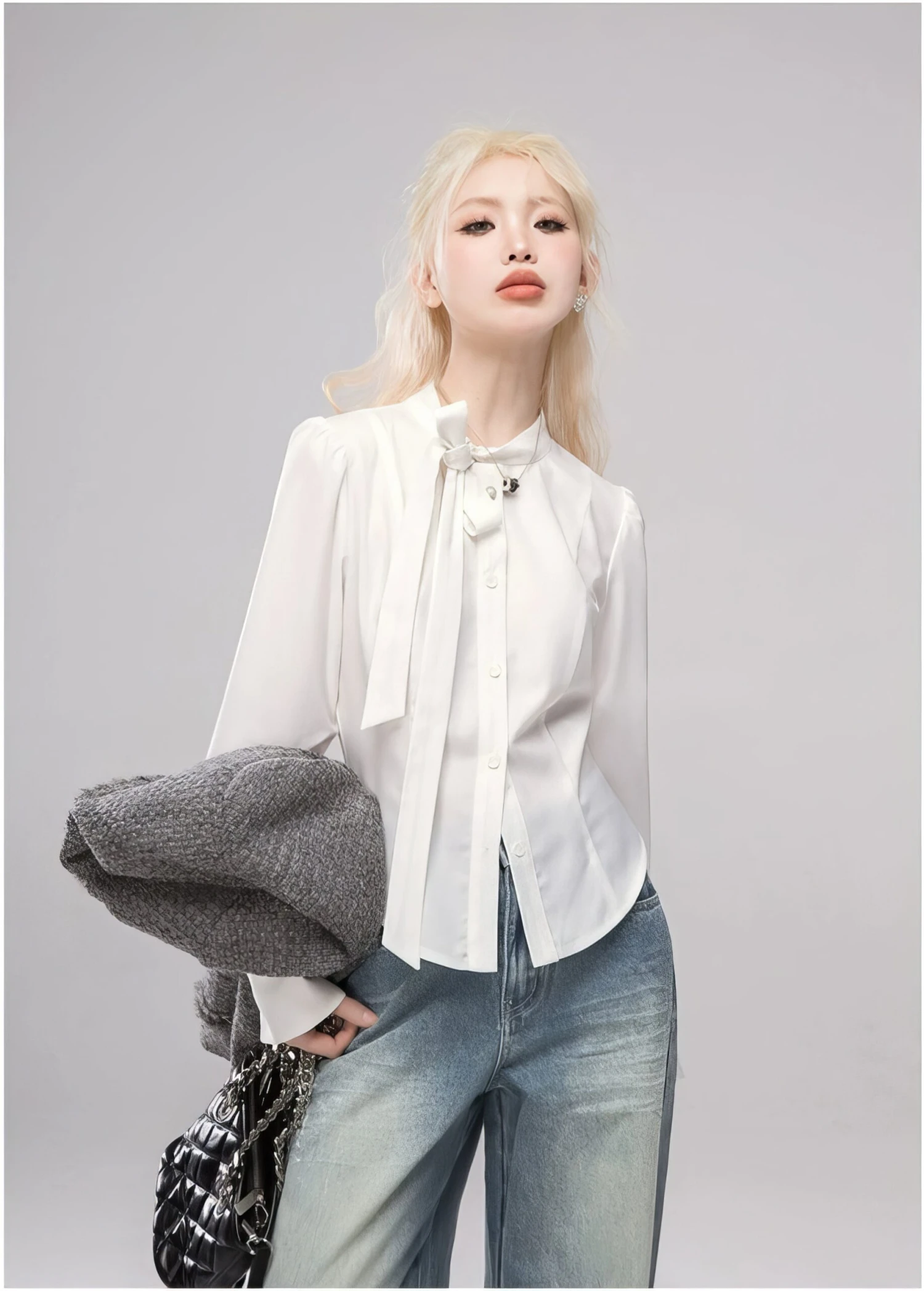 Slim Mid-Crop Shirt Blouse With Tie-Neck 3 Slim Mid-Crop Shirt Blouse With Tie-Neck - Image 3