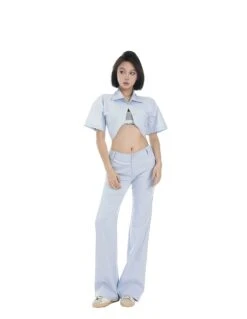 Cropped Button-Up Shirt And Flared Pants Set