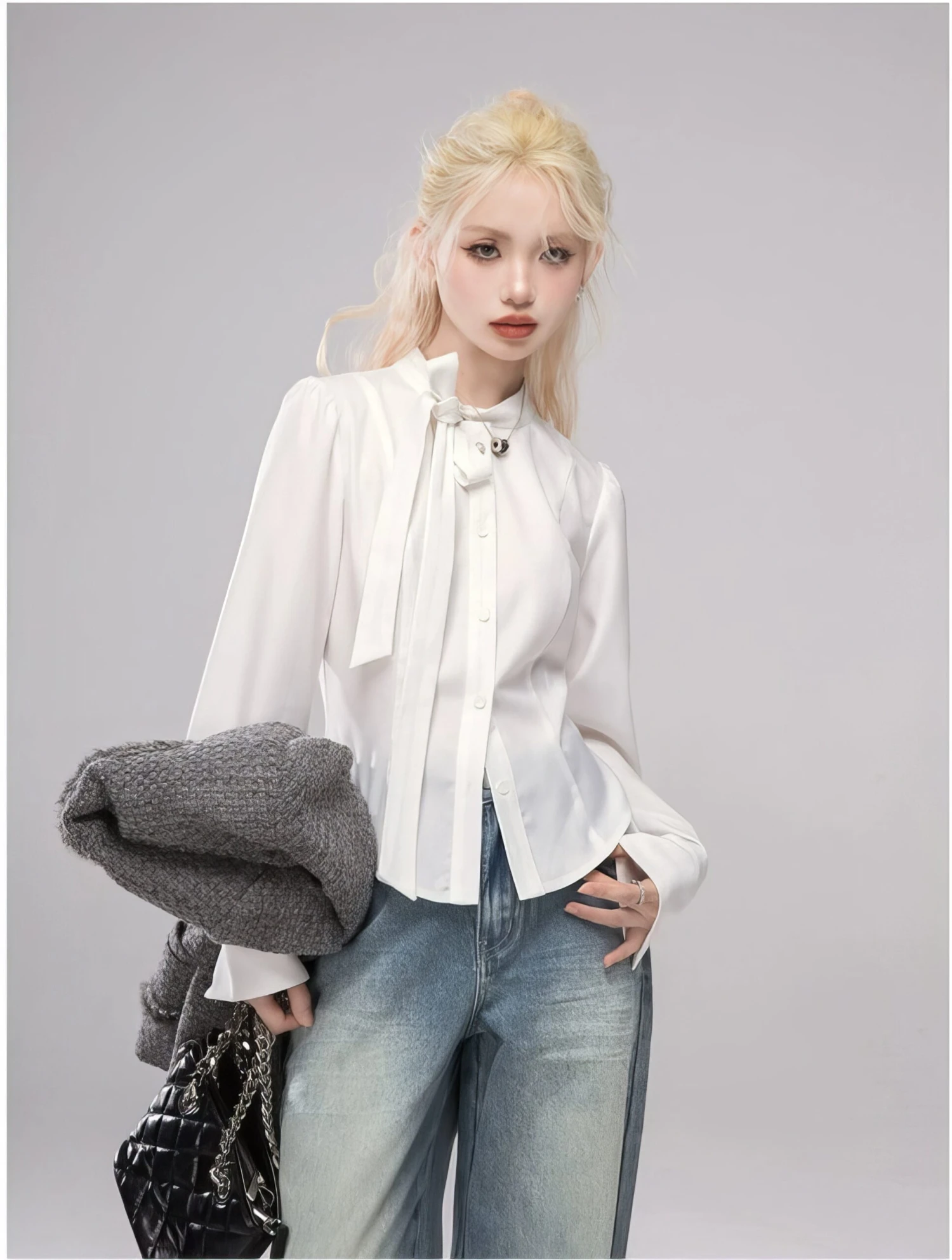 Slim Mid-Crop Shirt Blouse With Tie-Neck 2 Slim Mid-Crop Shirt Blouse With Tie-Neck - Image 2
