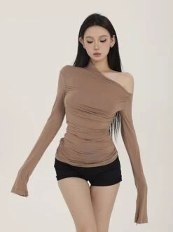 Slim One-Shoulder Ruched Long Sleeve Top -Modern Wear Shop enhanced fa25ce2e 7a29 4315 a34b efbf0bfea287 topaz enhance 4x