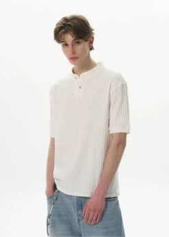 Ribbed Henley Collar Short Sleeve Knit Top