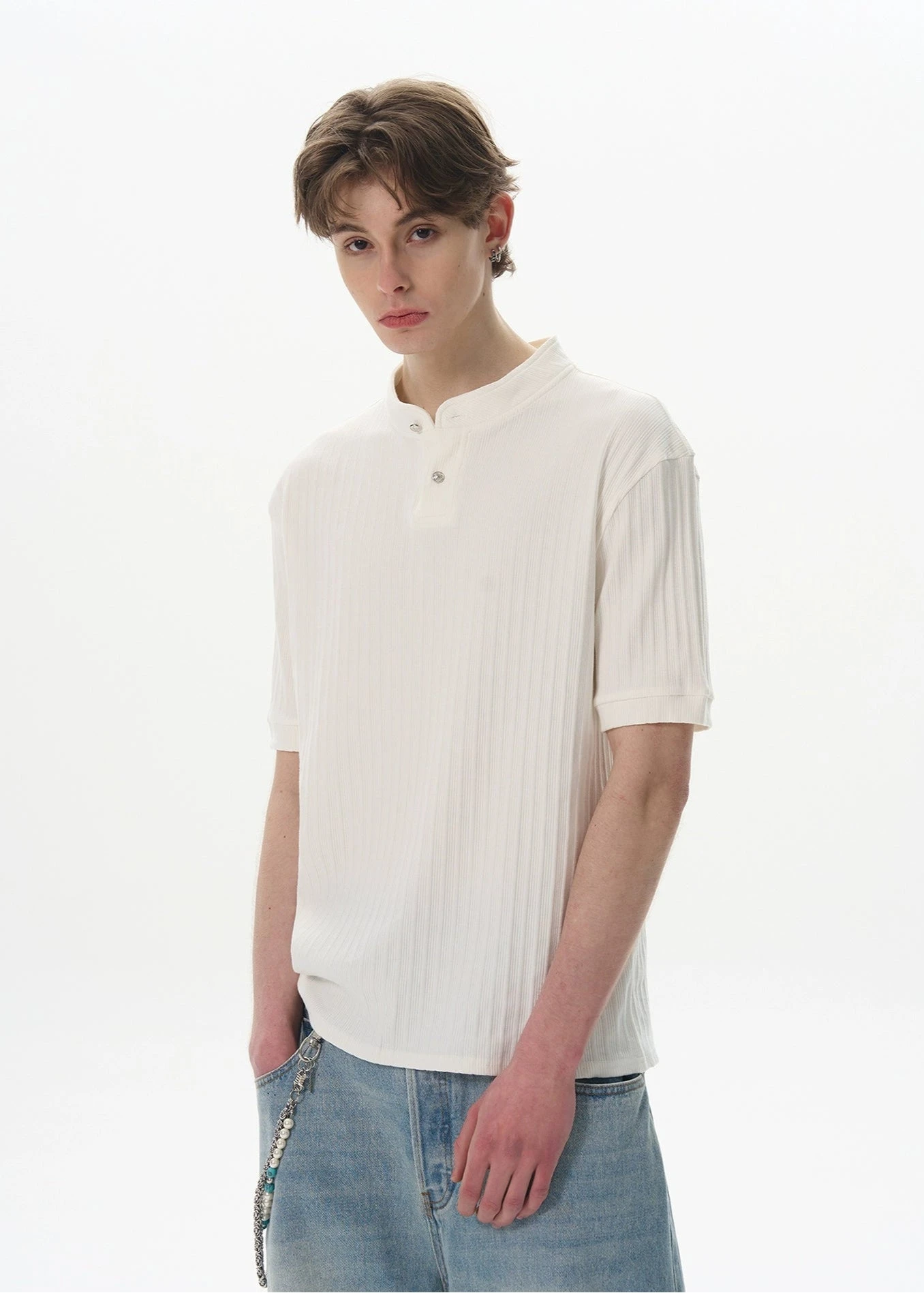 Ribbed Henley Collar Short Sleeve Knit Top 1 Ribbed Henley Collar Short Sleeve Knit Top