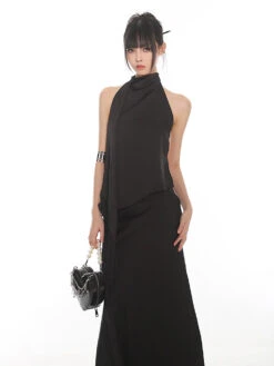 Backless Halter Neck Top And Flare Maxi Skirt Two-Piece Set -Modern Wear Shop f03e686717a9489b26c6c57a6ccc94c1