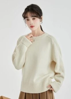 Ribbed Sleeve-Detail Crew Neck Sweater