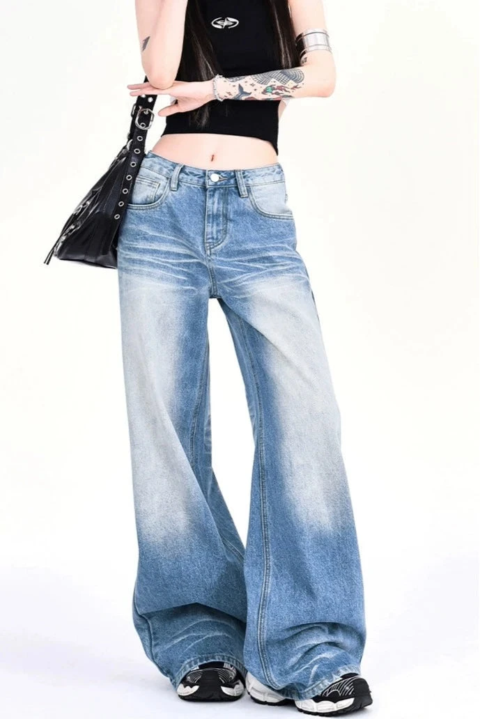 Vintage Faded Washed Wide-Leg Denim Jeans 2 Vintage Faded Washed Wide-Leg Denim Jeans - Image 2