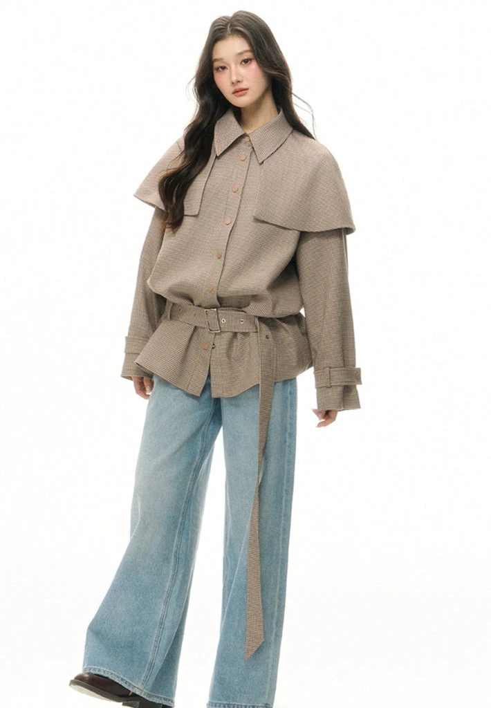 Belted Houndstooth Pattern Shoulder Cape Jacket 6 Belted Houndstooth Pattern Shoulder Cape Jacket - Image 6