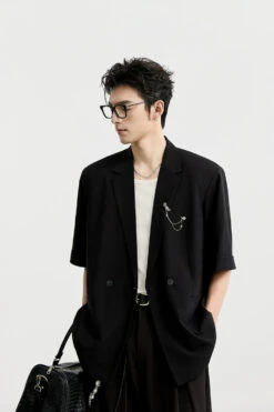 Single Breasted Short Sleeve Blazer With Chain Brooch Detail -Modern Wear Shop f13a9026335862ae7dec2eaf7829f2d7