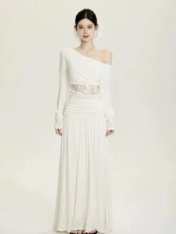 Off Shoulder Lace Panel Top And Ruched Waist Maxi Skirt Two-Piece Set