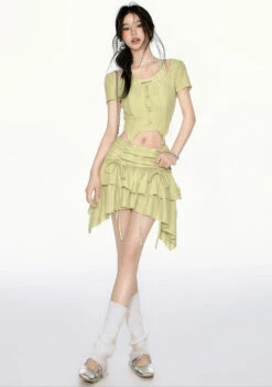 Textured Cold-Shoulder Crop Top And Ruched Tiered Ruffle Mini Skirt Two-Piece Set