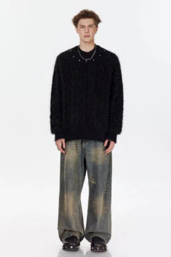 Studded Crew Neck Fuzzy Cable Knit Sweater -Modern Wear Shop f1d27da0208610ad9408cce087d3a2cd