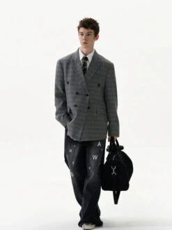 Oversized Distressed Hem Plaid Double-Breasted Blazer -Modern Wear Shop f218708131c07fbc5352debdbde48074