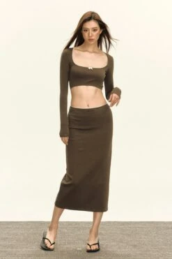 Skinny Bow-Detail Long Sleeve Crop Top And Maxi Skirt Two Piece Set
