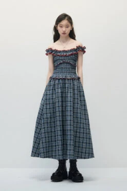 Smocked Plaid Maxi Dress With Ruffle Trim
