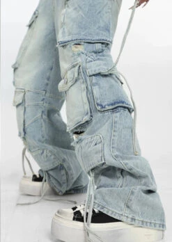 Patchwork Denim Cargo Pants With Strap Details -Modern Wear Shop f31859f5e0dcb000ac060cc04bd2e2a8