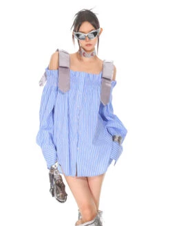 Necktie Strap Ruched Shoulder Stripe Button Top -Modern Wear Shop f36e8725ee5b173ef85008ac46ed62a0